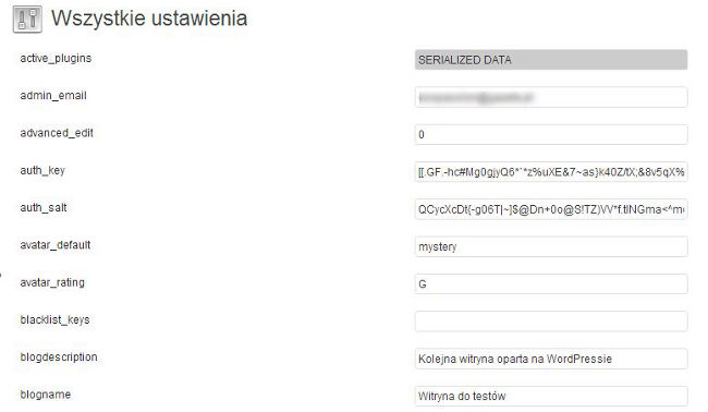 Zarządzania tabelą wp-options przez panel admina