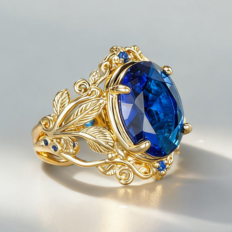 Thumbnail: Huitan Gorgeous Women's Rings with Big Round Blue Cubic Zirconia Chic Leaf Desig