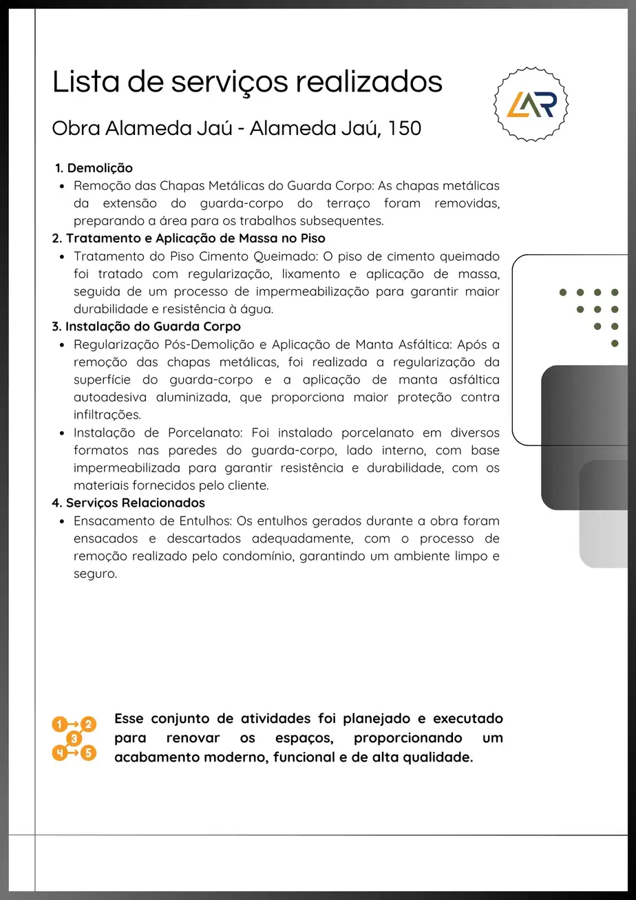 Lista de serviços realizados pela Lar Pontual Engenharia na Obra Alameda Jaú.
