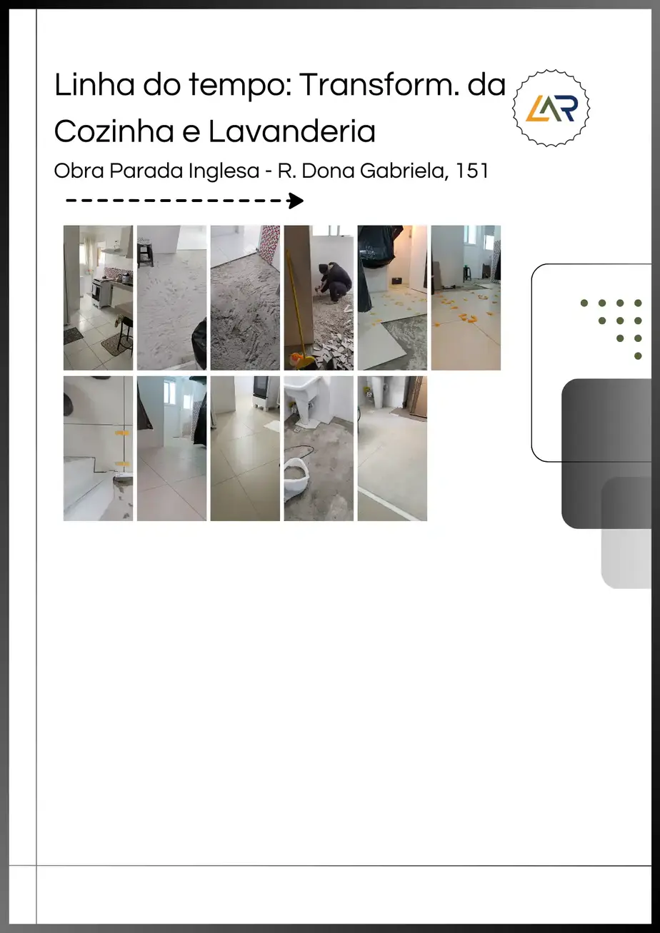 Linha do tempo da transformação da cozinha e lavanderia pela Lar Pontual Engenharia.