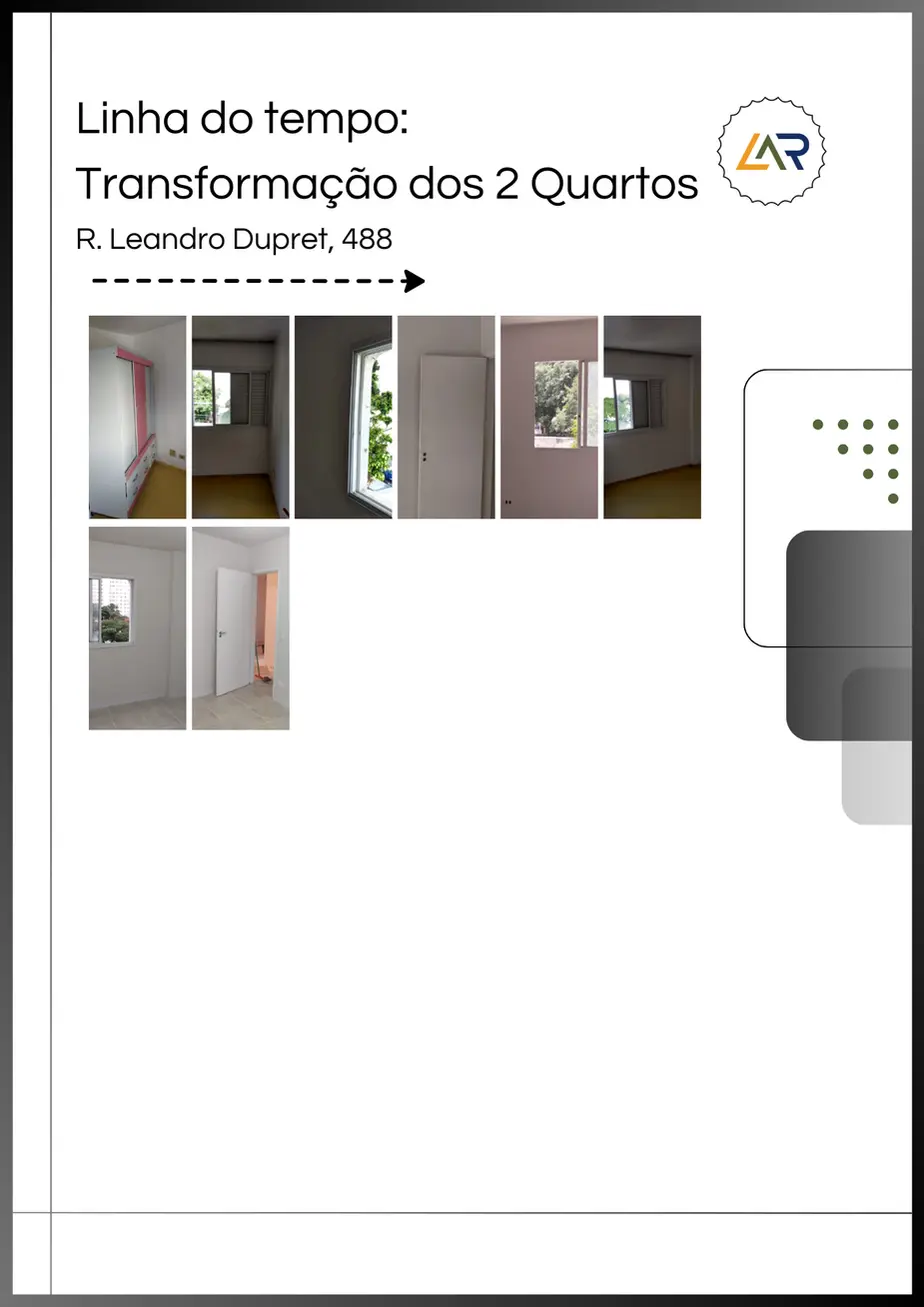 Linha do tempo da transformação dos 2 quartos pela Lar Pontual Engenharia.
