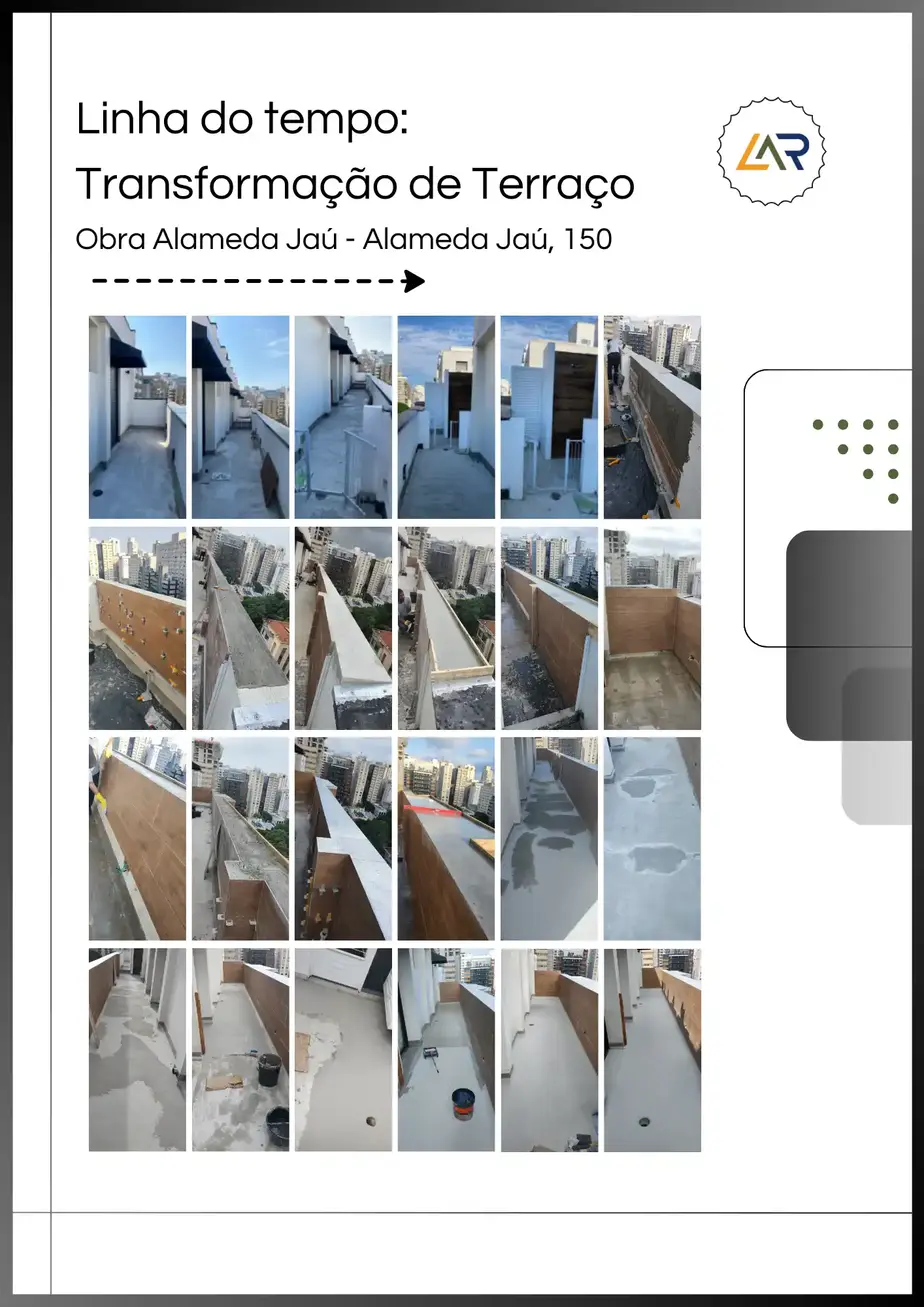 Linha do tempo da transformação do terraço pela Lar Pontual Engenharia.