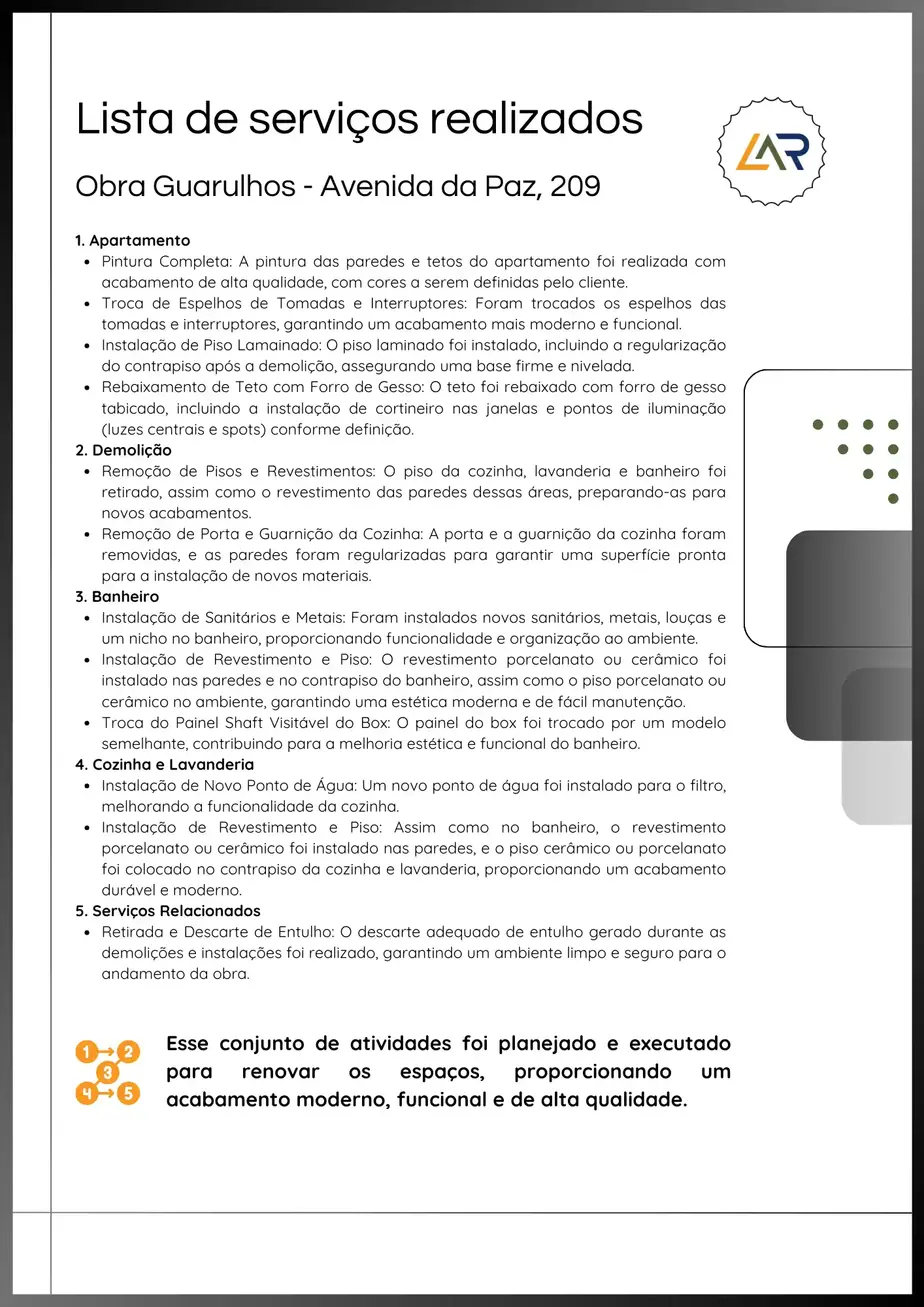 Lista de serviços realizados pela Lar Pontual Engenharia na Obra Guarulhos.