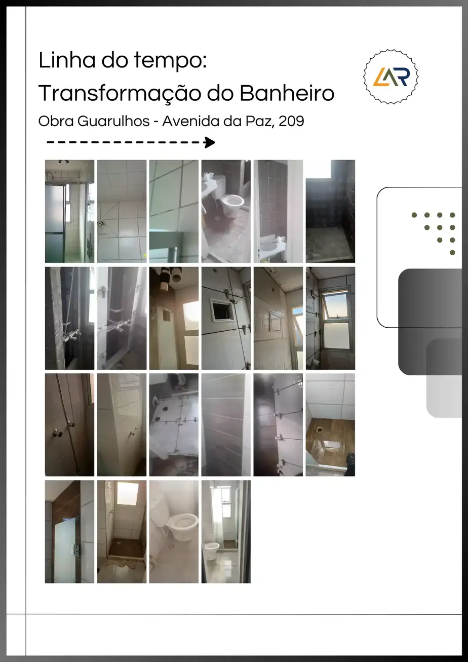 Linha do tempo da transformação do banheiro pela Lar Pontual Engenharia.