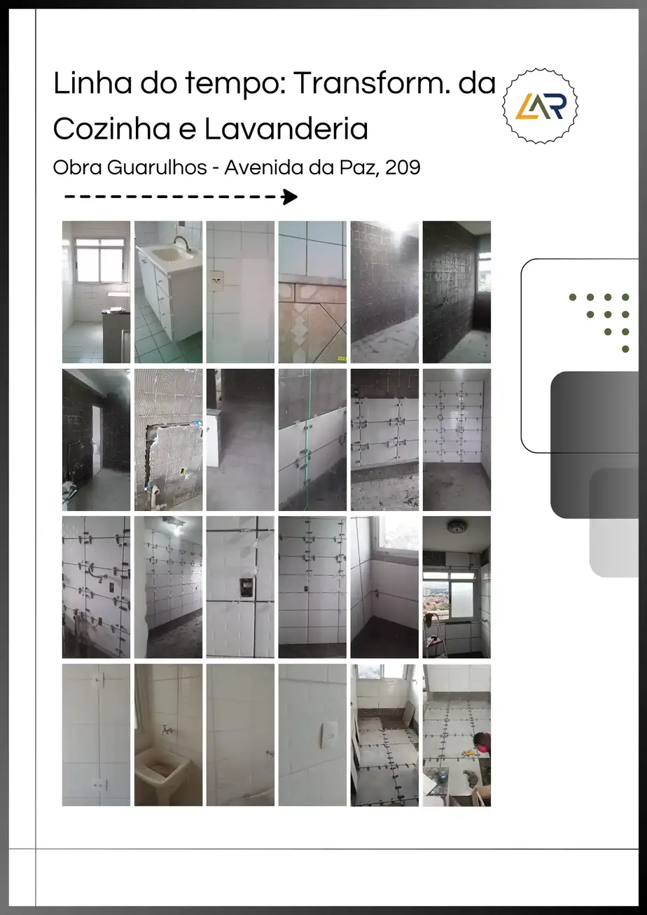 Linha do tempo da transformação da cozinha e lavanderia pela Lar Pontual Engenharia.