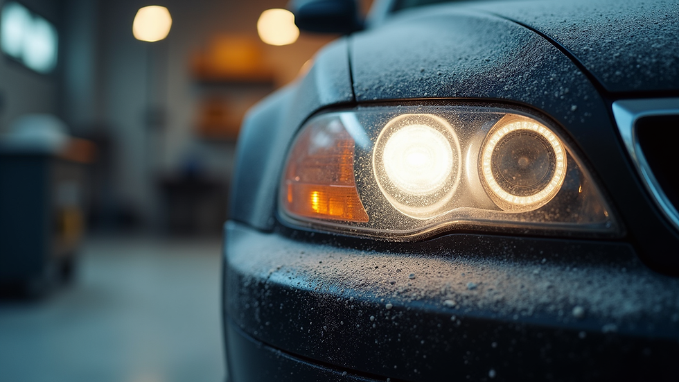 Close-up view of a car headlight with sanding materials ready