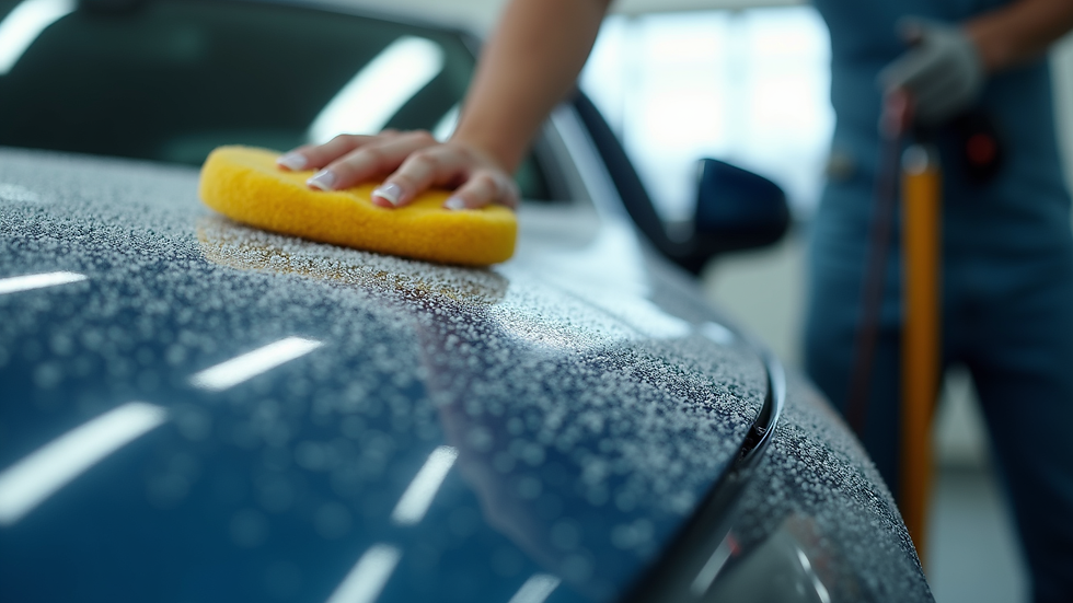 Eye-level view of a car being waxed with a foam applicator