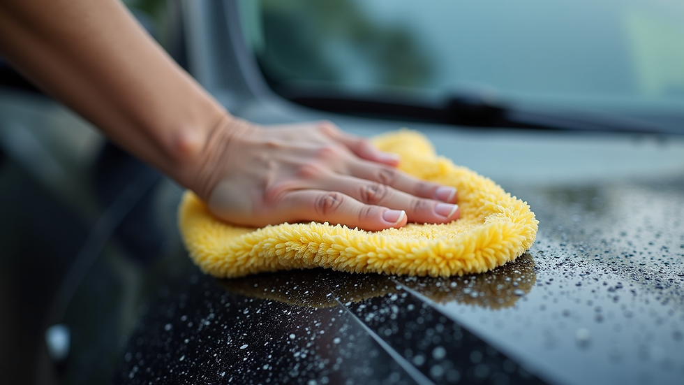 Close-up view of a microfiber wash mitt cleaning a car door