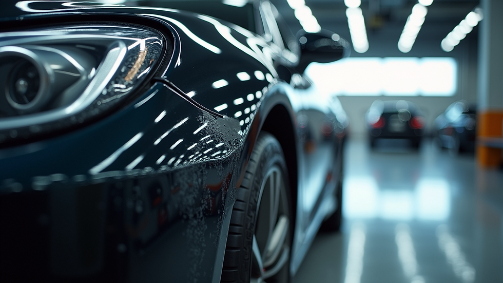 Eye-level view of a car being professionally detailed with ceramic coating