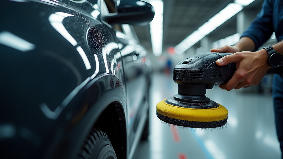 Eye-level view of a car being polished with a machine polisher