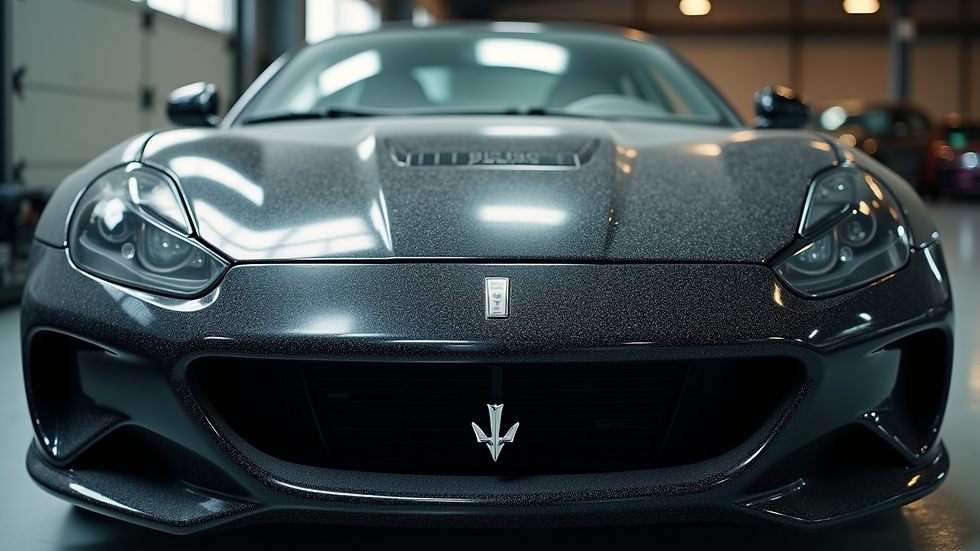 Eye-level view of a shiny black car hood after clay bar treatment