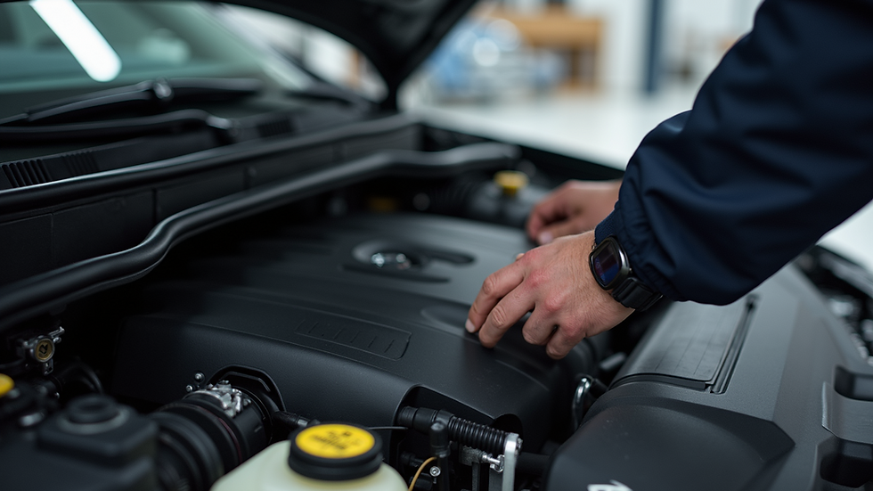 Close-up view of a car engine being inspected