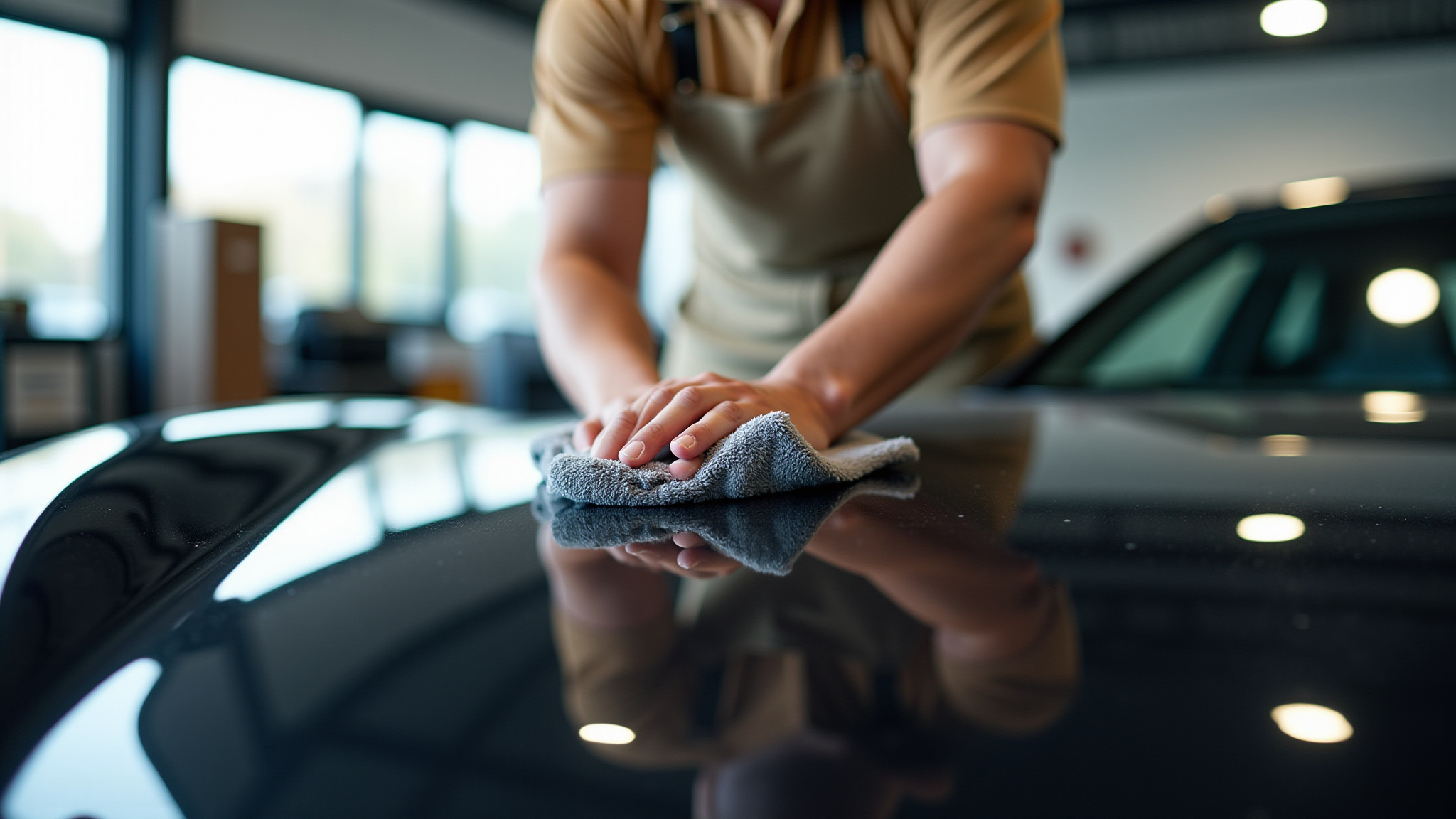 man buffing hood
