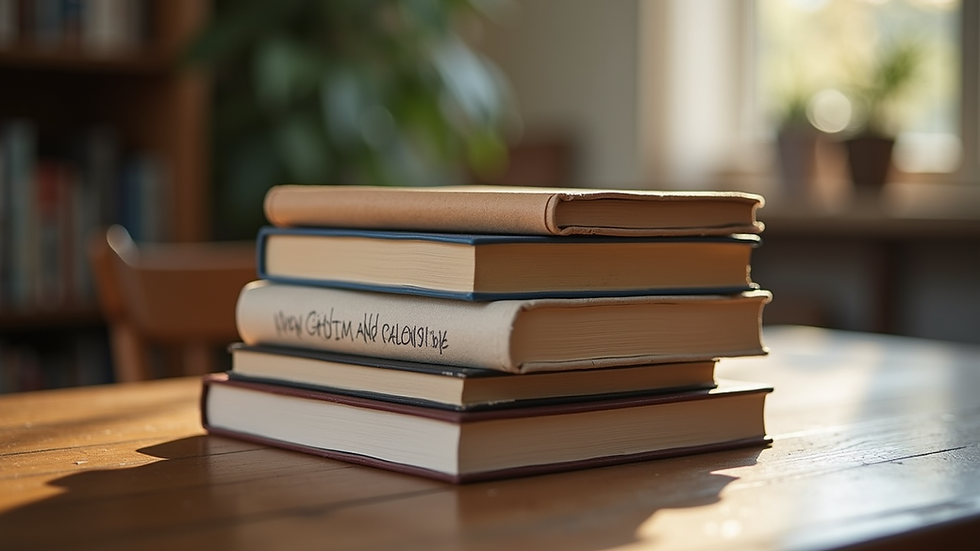 Eye-level view of a stack of Christian relationship books on a wooden table