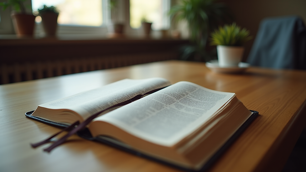 Eye-level view of a Bible and journal on a wooden table