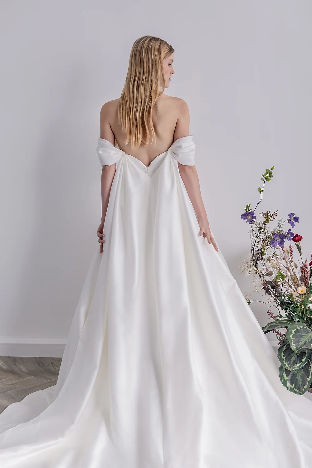 Sating wedding gown with detachable cape