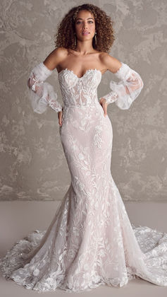 Maggie Sottero mermaid wedding dress with optional sequin lace balloon sleeves, available at Senoia Bridal