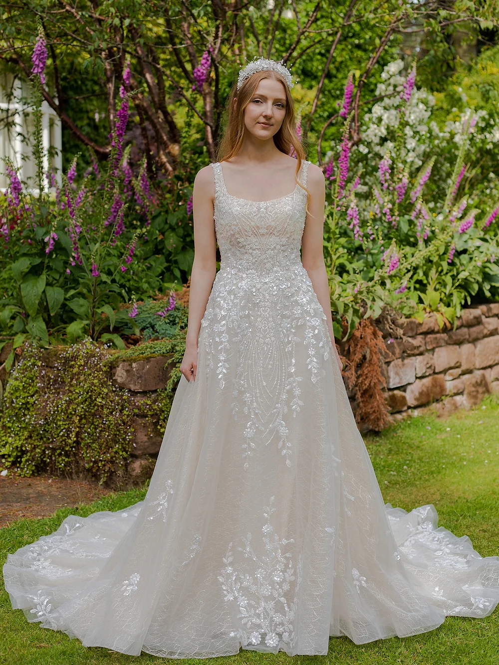A line, sparkly wedding dress, square neckline