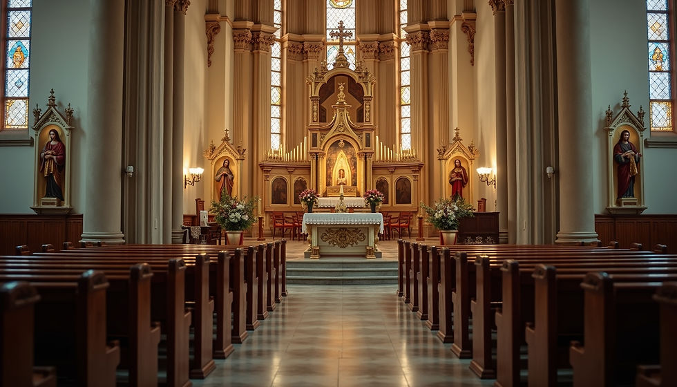 Eye-level view of a Catholic church altar adorned with religious symbols