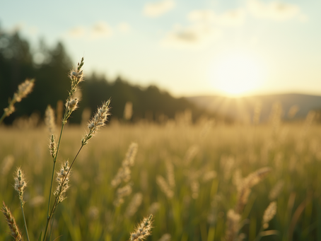 A field of grass during a sunrise near a forest