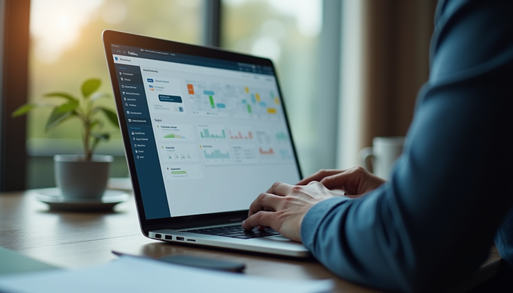 Eye-level view of a project manager reviewing a digital task board on a laptop
