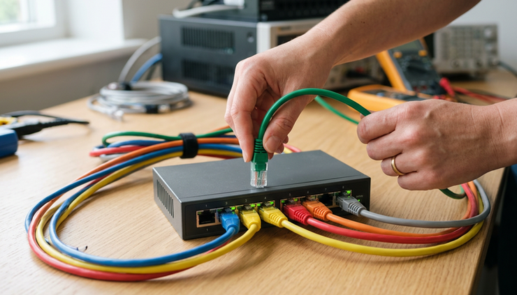 Close-up view of hands connecting colour-coded network cables in a learning lab.