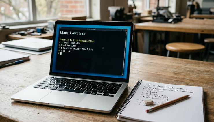 Eye-level view of a laptop showing a command-line exercise beside printed practice notes.