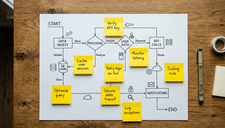 Overhead view of a hand-drawn system workflow on paper with sticky notes.