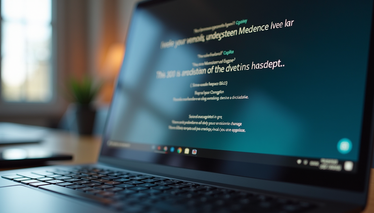 Eye-level view of a laptop screen showing a Microsoft 365 Copilot interface with text suggestions