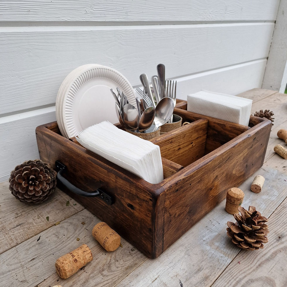 Wooden BBQ Party Caddy perfectly pictured storing paper napkins, paper party plates and silver knifes and forks