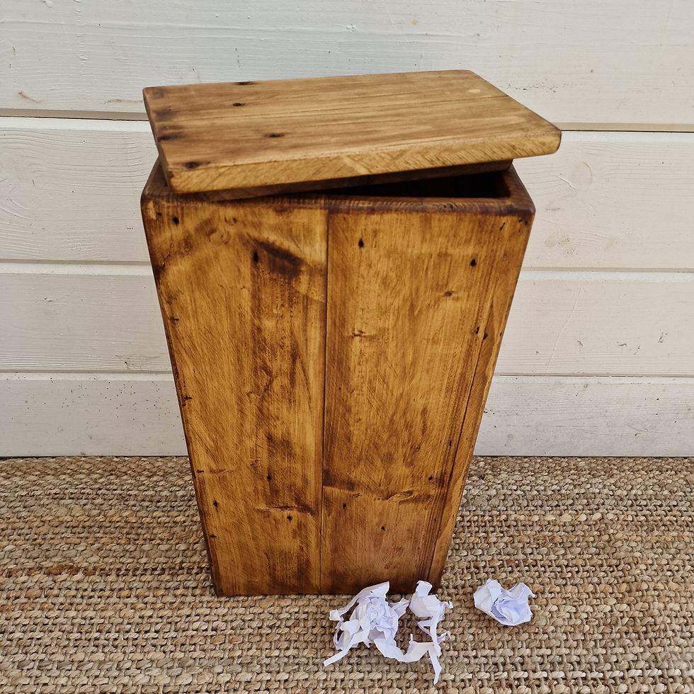 Thumbnail: Reclaimed wooden waste bin with a rustic pine wax finish and a convenient lid