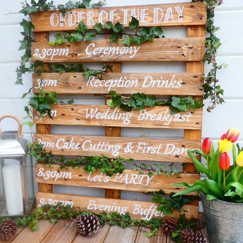 Thumbnail: Rustic Pine Order of the Day Pallet Wedding sign, with 7 wood slats showing the days times and events hand written in white