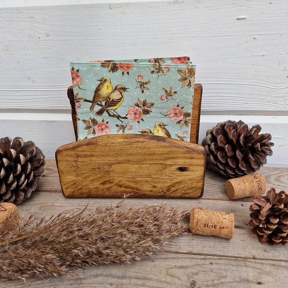 Thumbnail: Wooden upright table napkin holder finished in Rustic Pine wax holding pretty paper printed napkins