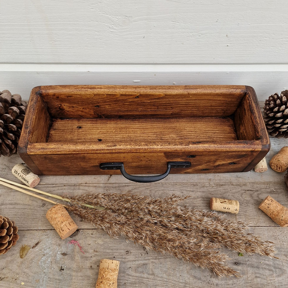 Thumbnail: empty view of a rustic wooden table centrepiece trough, with cast iron handle and white back ground