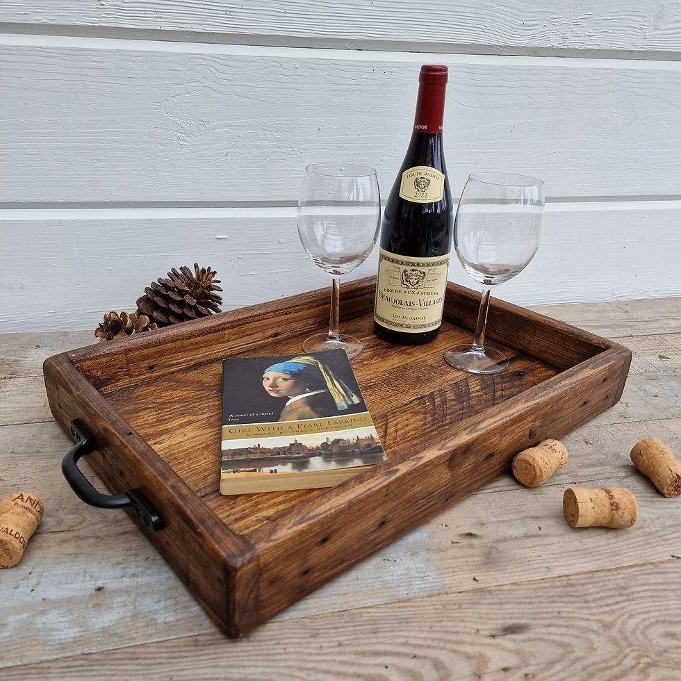 Thumbnail: reclaimed wooden tray with red wine bottle, two wine glasses and reading book