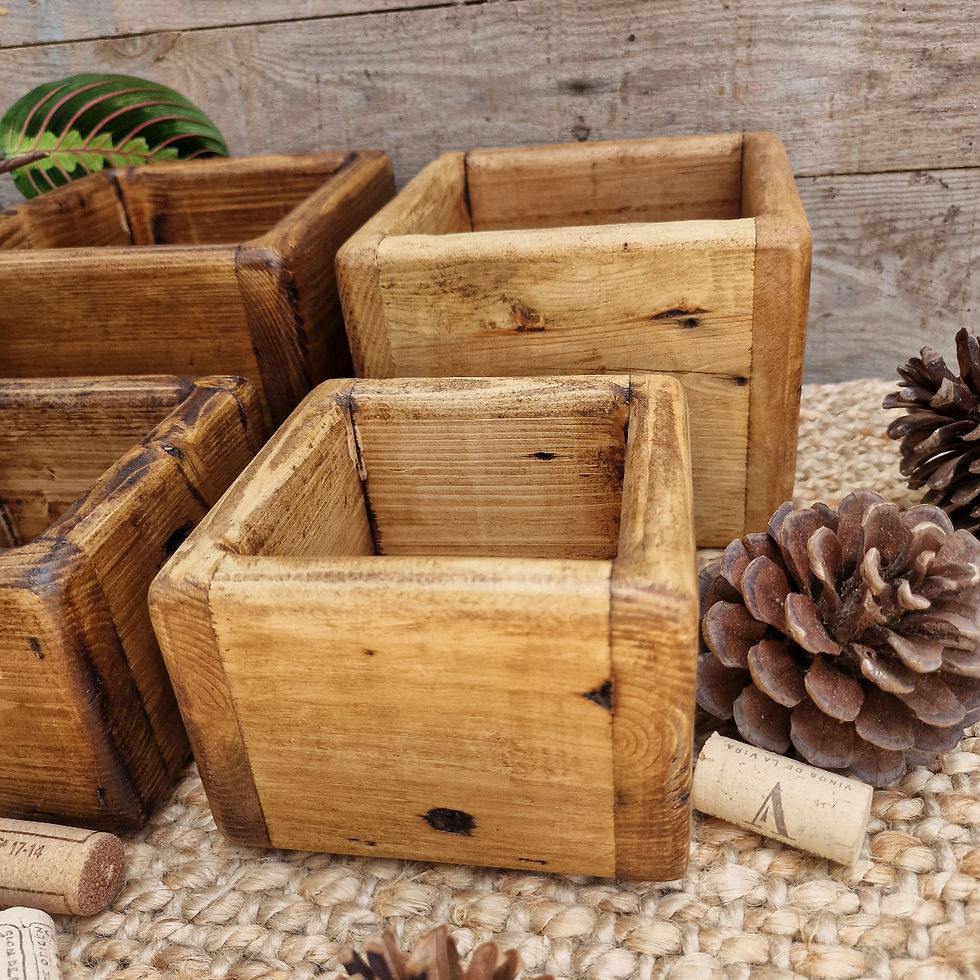 Thumbnail: Side view of handcrafted, eco friendly, reclaimed pallet wood square storage boxes