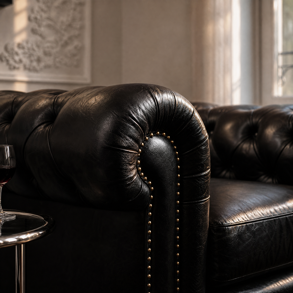 Detailaufnahme eines schwarzen Chesterfield-Möbels mit Lederstruktur und Ziernägeln