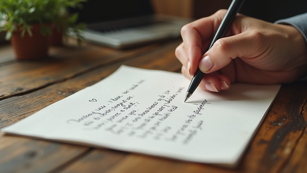 Close-up view of a handwritten love letter on a rustic wooden desk
