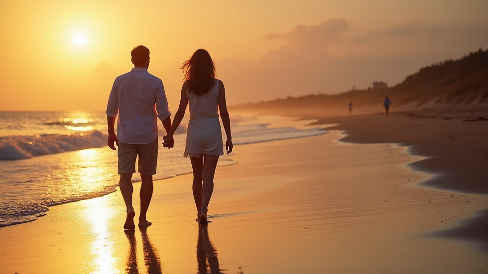 Close-up view of a couple walking hand in hand on a beach at sunset