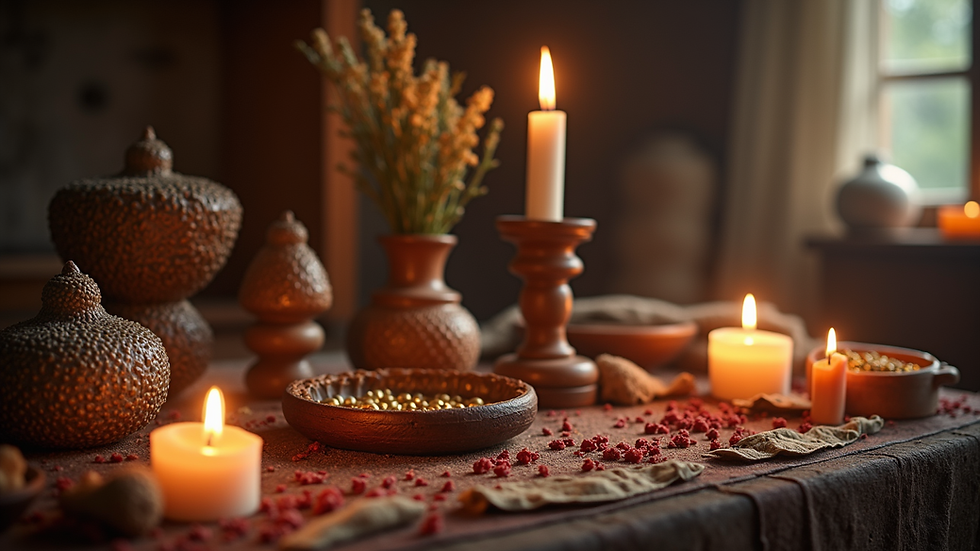 Eye-level view of a traditional healer’s altar with spiritual items