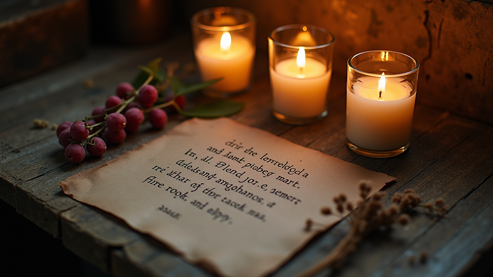 Eye-level view of a small altar with candles, herbs, and a handwritten spell