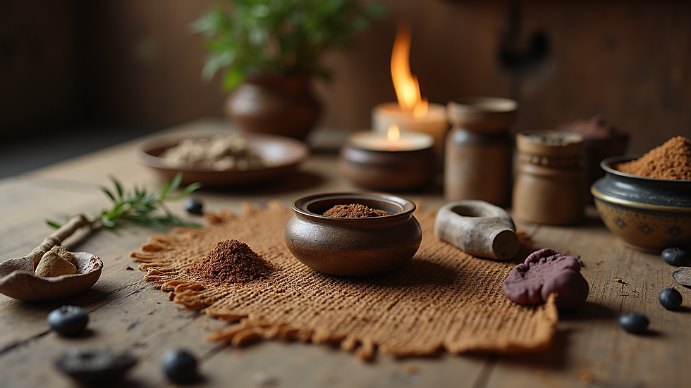 Eye-level view of a traditional Sangoma’s ritual space with herbs and spiritual tools