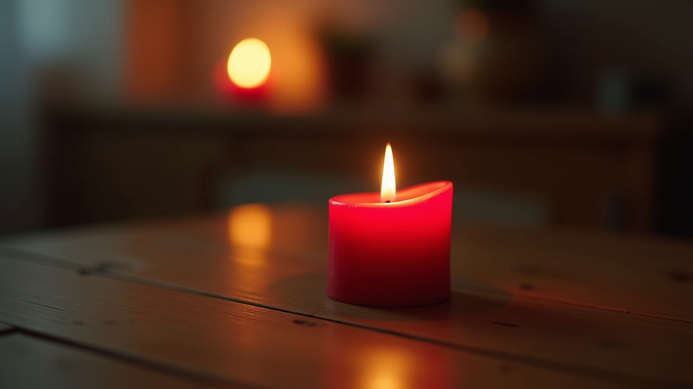 Close-up view of a red candle burning on a wooden table