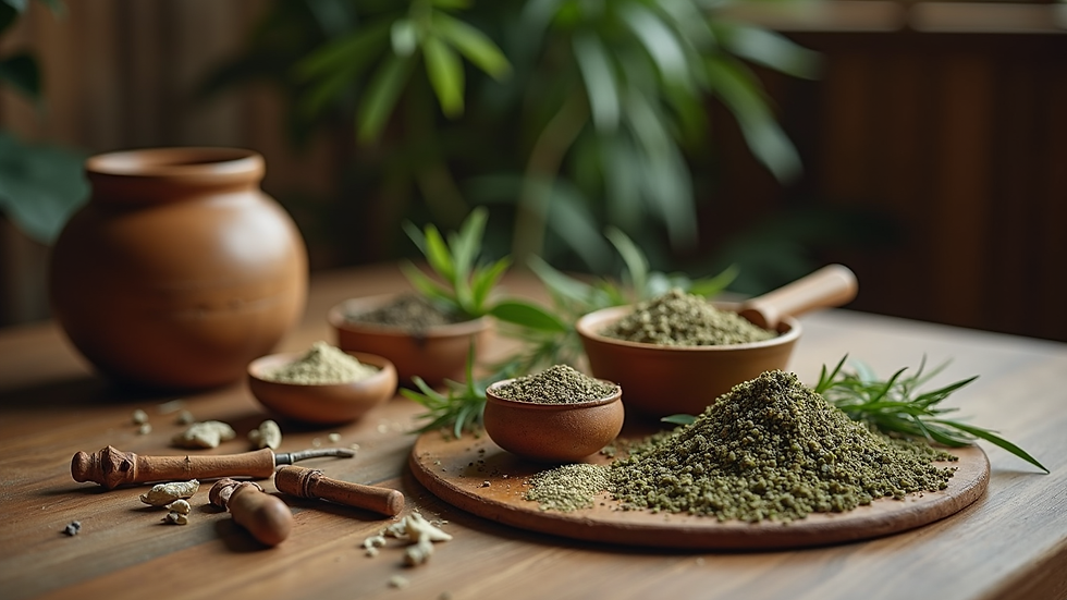 Eye-level view of a traditional healer’s sacred herbs and tools arranged on a wooden table