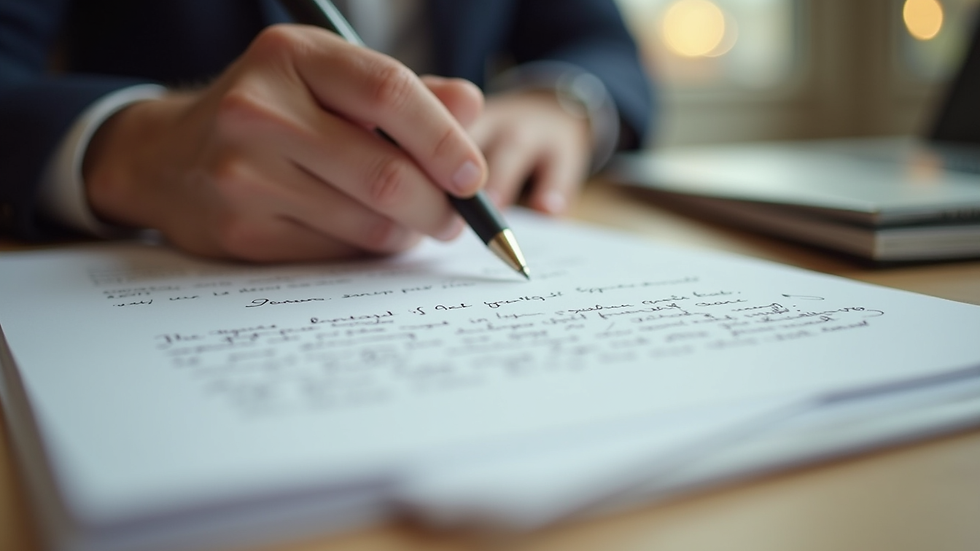 Close-up view of a handwritten letter with a pen on a wooden table