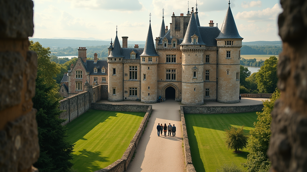 High angle view of a small group enjoying a private guided tour at a historic castle