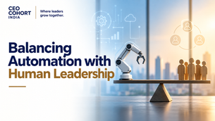 CEO balancing automation technology with human leadership in the modern workplace