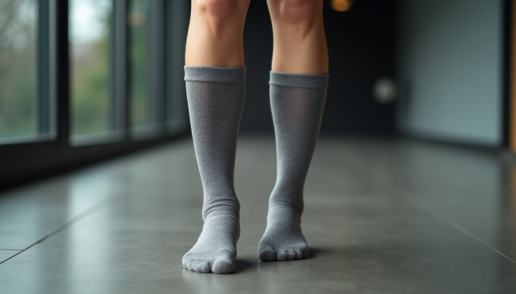 Close-up view of compression socks on legs showing fabric texture and fit