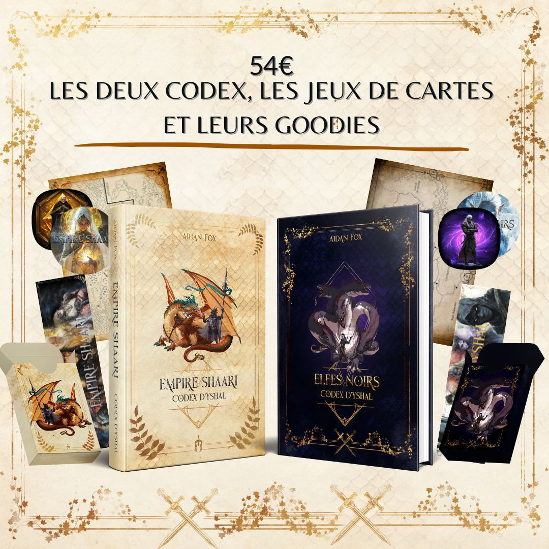 Les deux codex, leurs jeux de cartes et le feuillet du JDR !