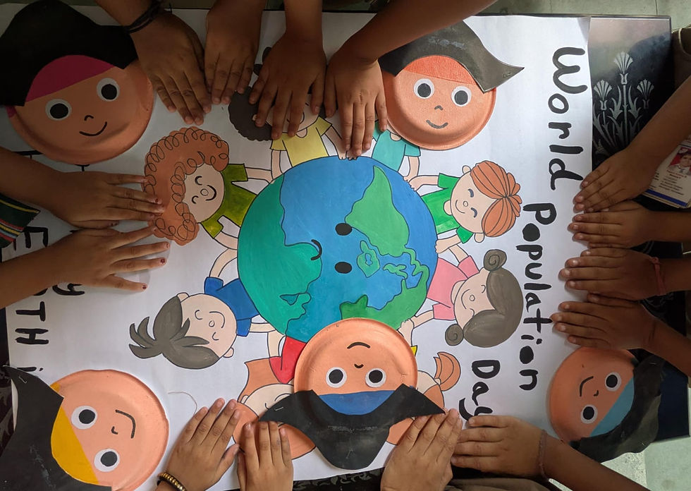 Children’s hands surround a colorful World Population Day poster with a smiling globe and diverse cartoon kids.